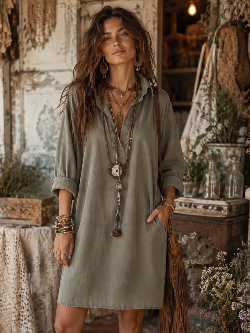 Thread & Supply Olive Green Collared Shift Dress Size: Medium